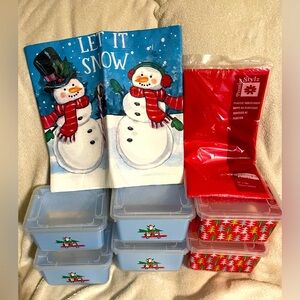 Holiday containers 7.4 x 5.6 w x 4.3 h , table 54 x 84 snowman , 54x 108 bundle